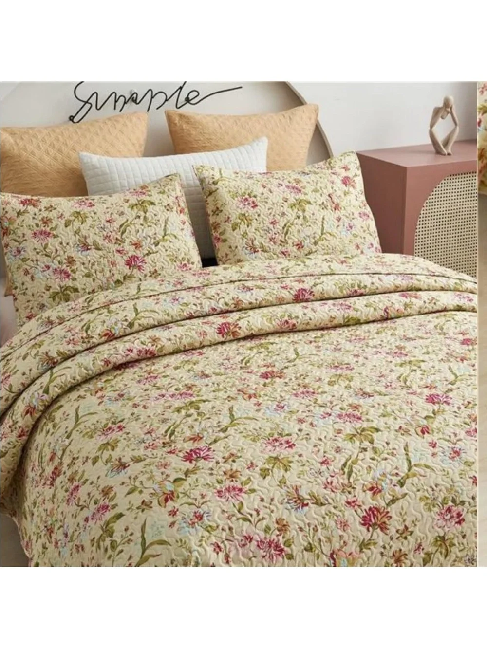 Floral Quilt Set King Size, Reversible Cotton Quilt Bedding Set